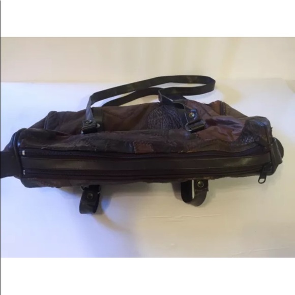 Brown Leather Suede Patch Handbag Dble Zip Closure - Picture 2 of 4